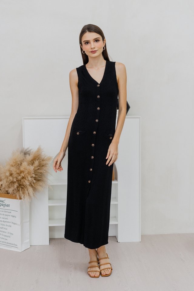 Mila Button Knit Maxi Dress in Black