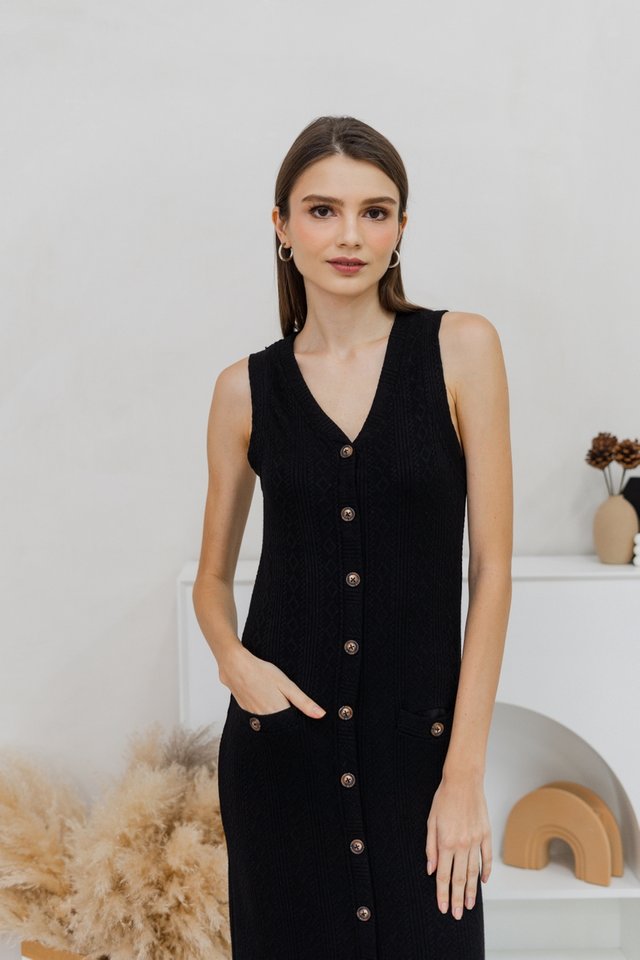 Mila Button Knit Maxi Dress in Black
