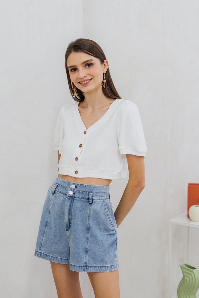 Joan Knit Button Top in White