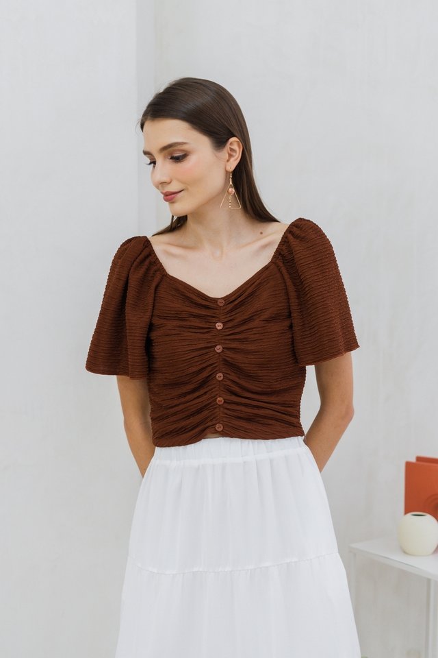 Rowena Textured Ruched Button Top in Brown