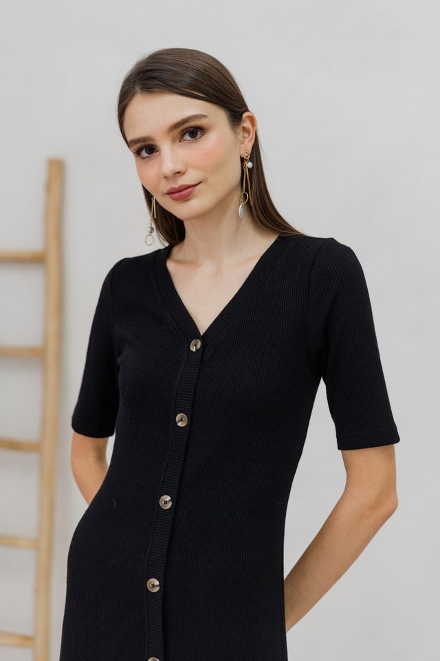 Christie Button Ribbed Knit Midi Dress in Black