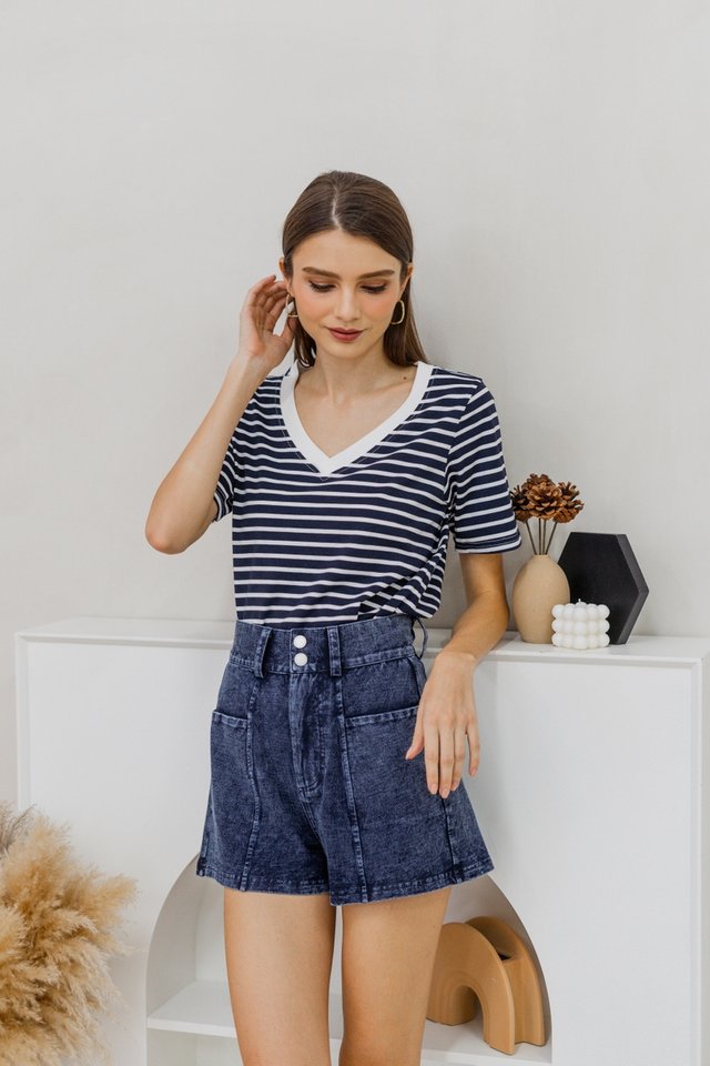 Marie Cotton Stripes Top in Navy