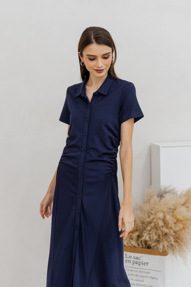 Genevieve Side Ruched Button Maxi Dress in Navy