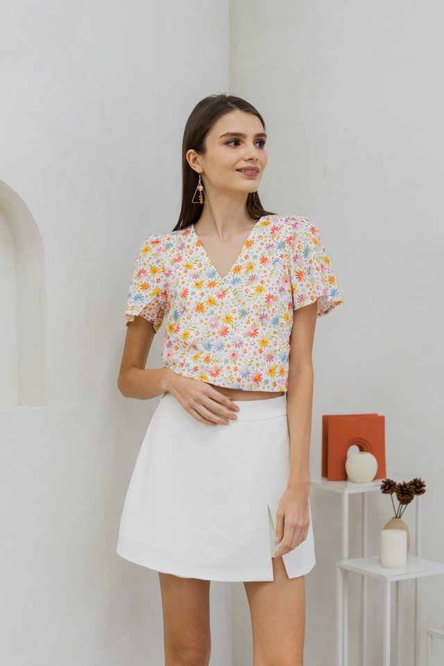 Alice Overlap Floral Eyelet Top in White