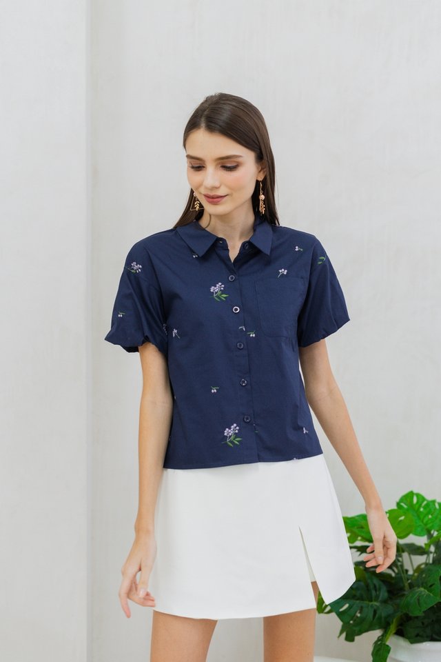 Blossom Floral Embroidery Shirt in Navy