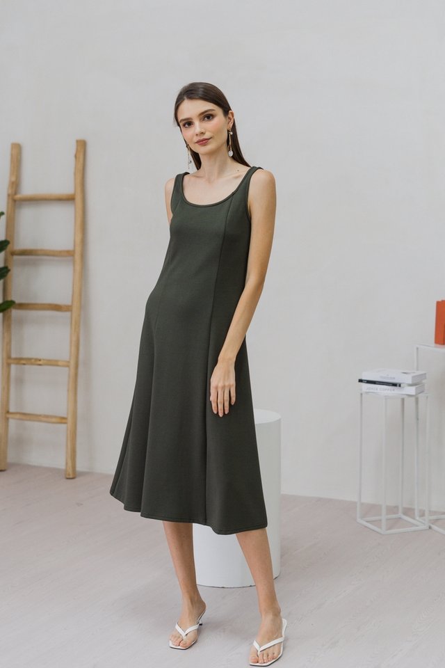 Thea Panelled Midi Dress in Olive