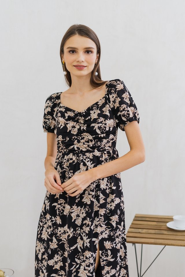 Dixie Ruched Floral Midi Dress in Black