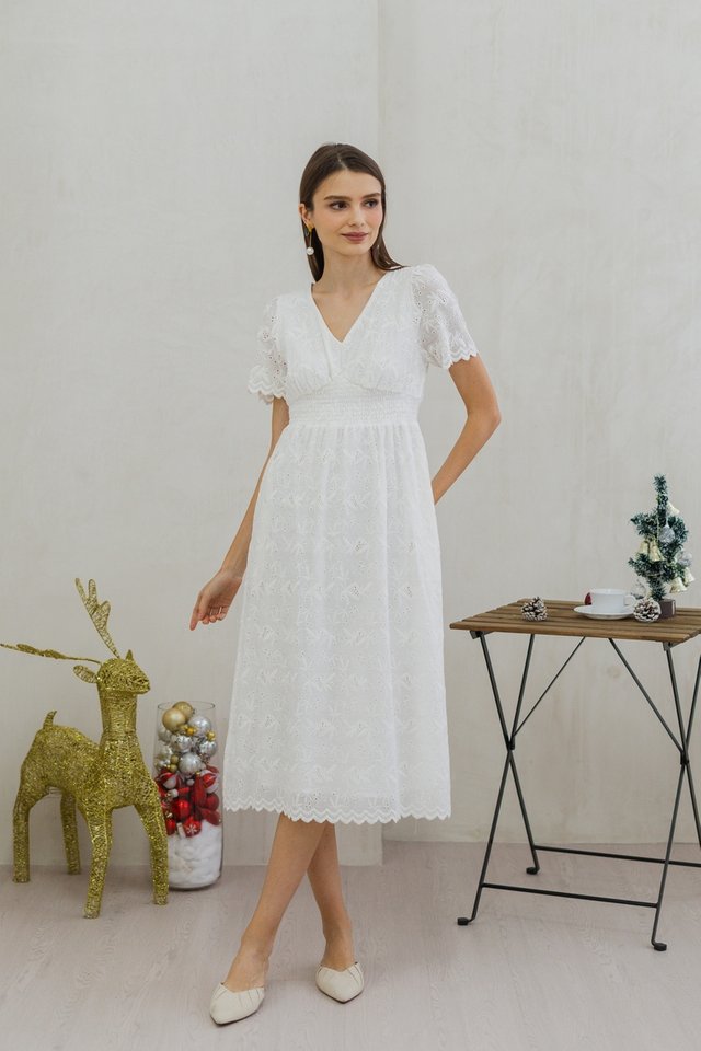 Danielle Smocked Eyelet Midi Dress in White