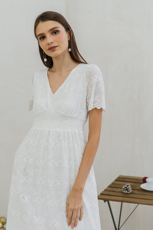 Danielle Smocked Eyelet Midi Dress in White