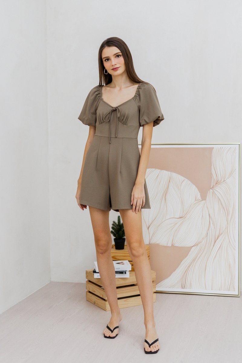 Anneliese Empire Waist Cotton Romper in Khaki Brown (XS)