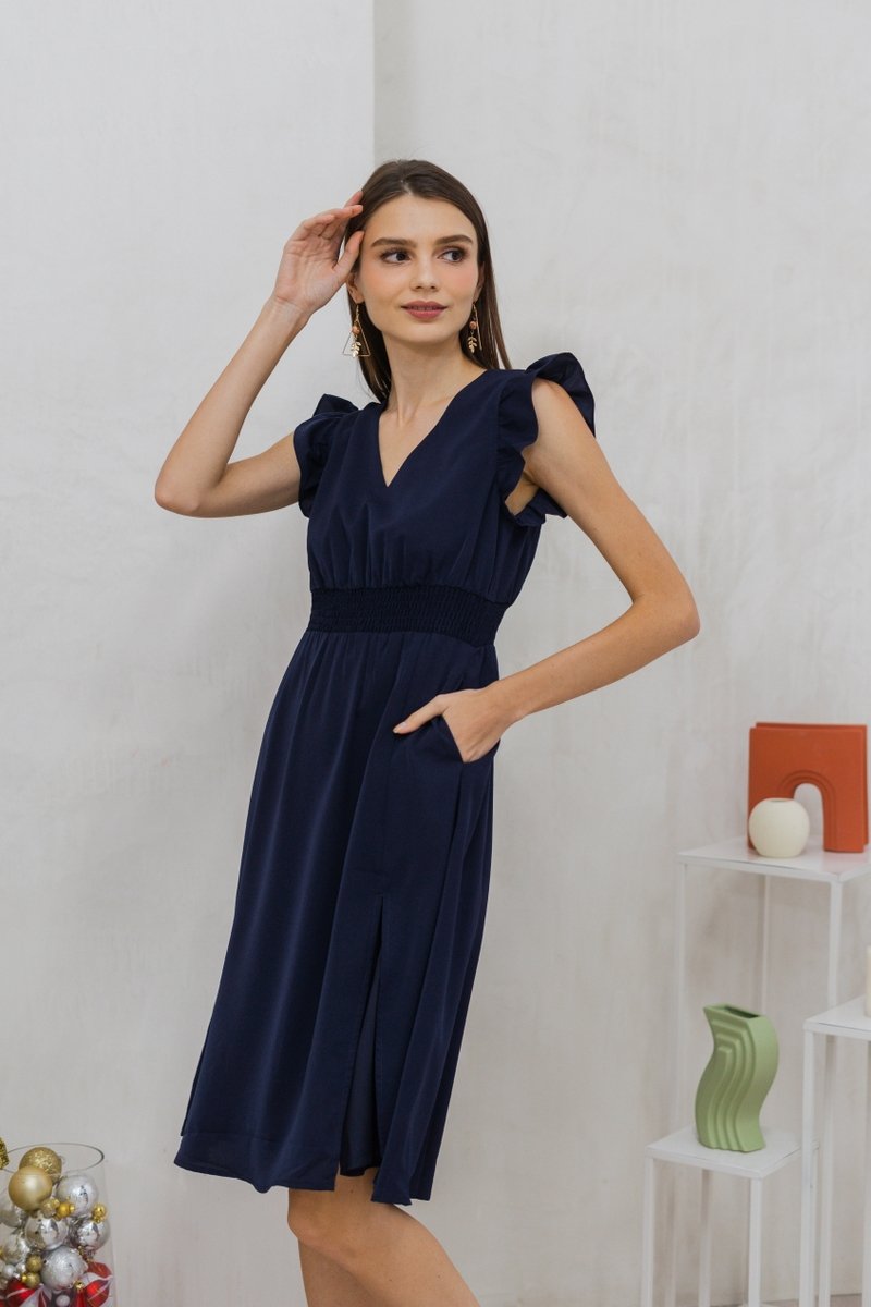 Devyn Ruffle Sleeves Smocked Midi Dress in Navy (S)