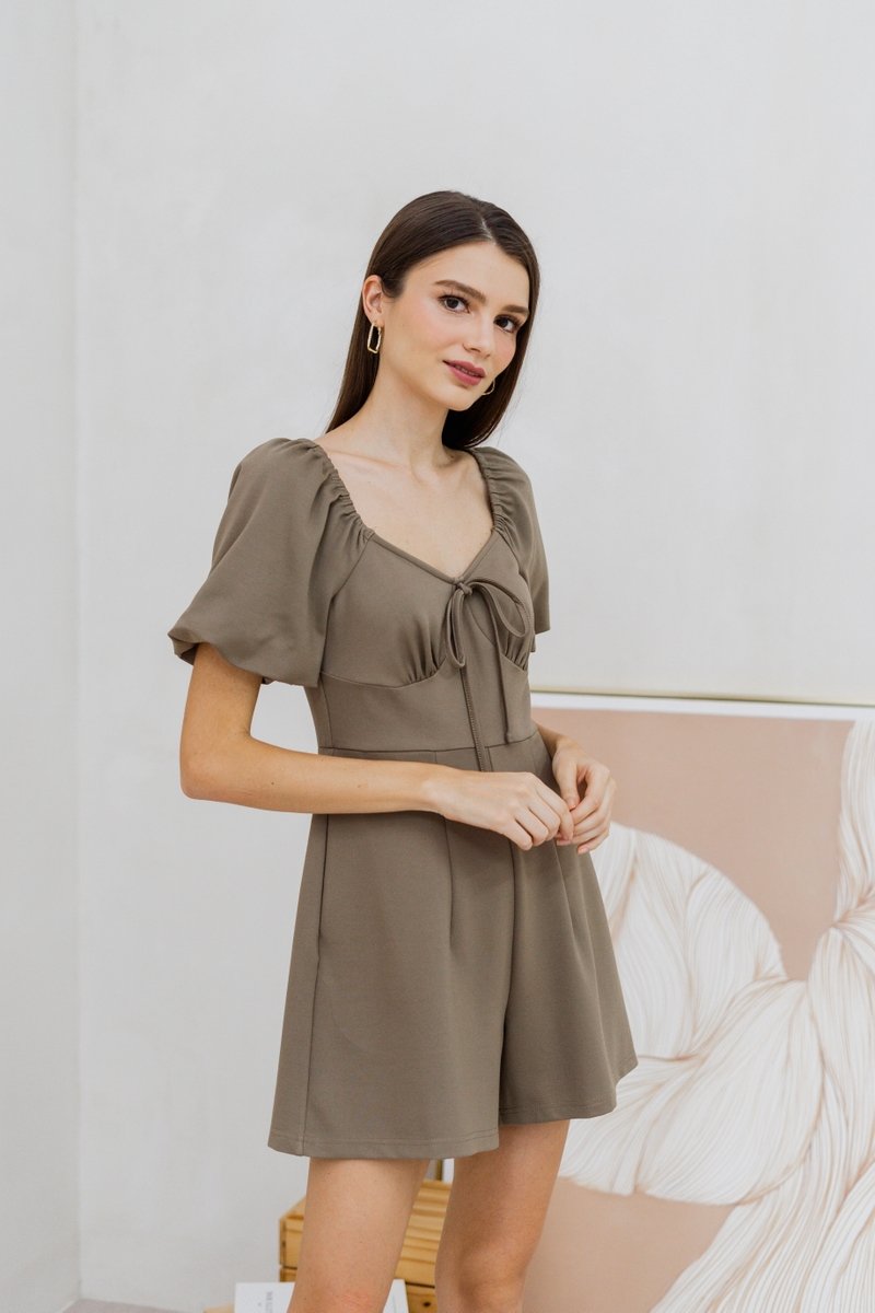 Anneliese Empire Waist Cotton Romper in Khaki Brown (XS)