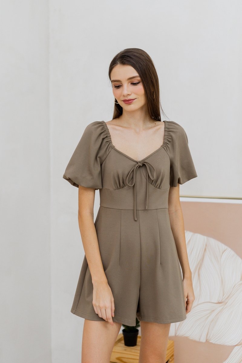 Anneliese Empire Waist Cotton Romper in Khaki Brown (XS)