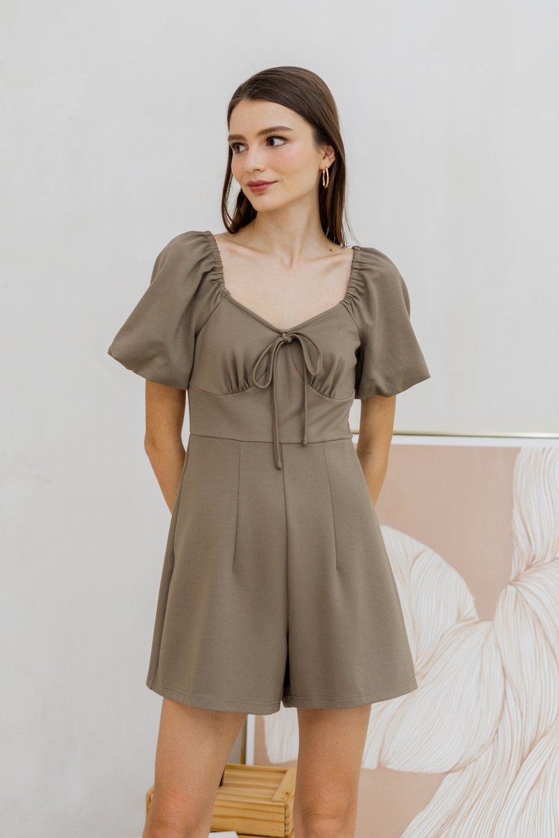 Anneliese Empire Waist Cotton Romper in Khaki Brown (XS)
