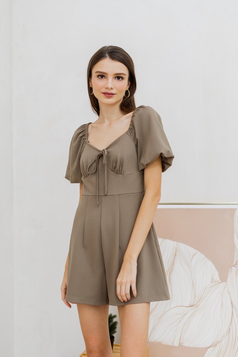 Anneliese Empire Waist Cotton Romper in Khaki Brown (XS)