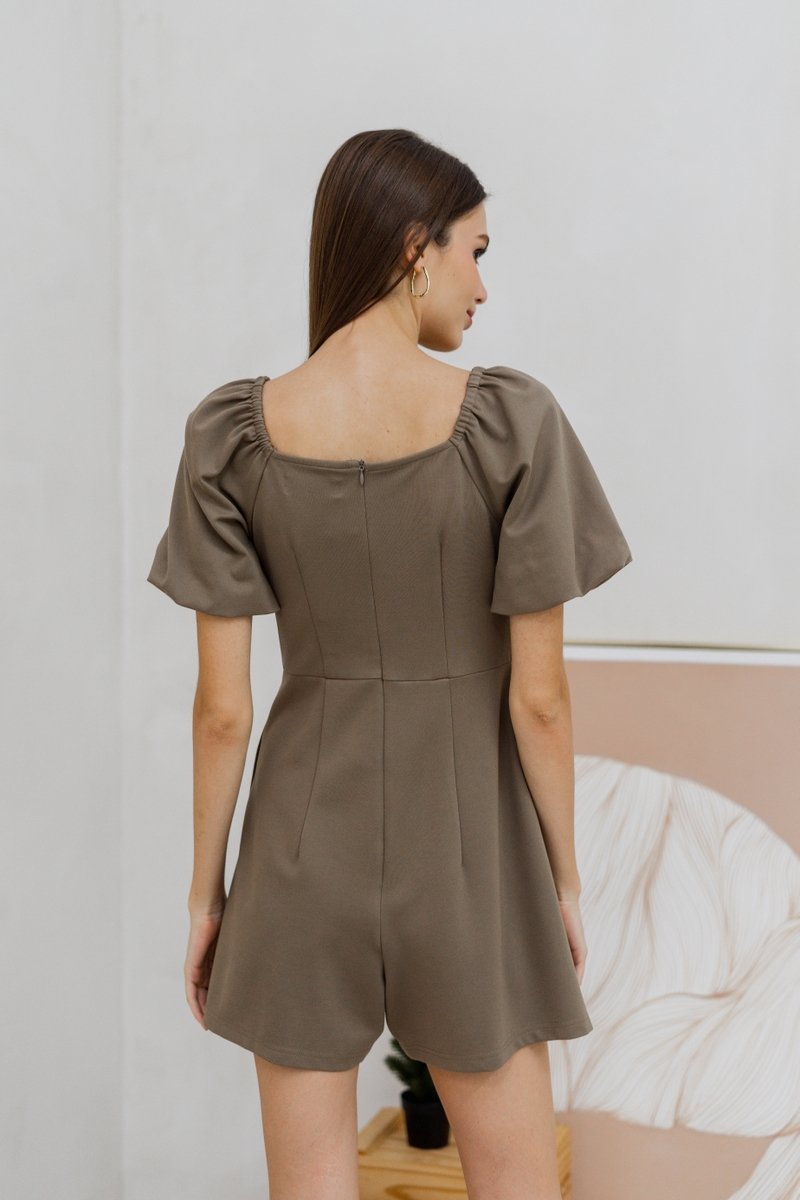 Anneliese Empire Waist Cotton Romper in Khaki Brown (XS)