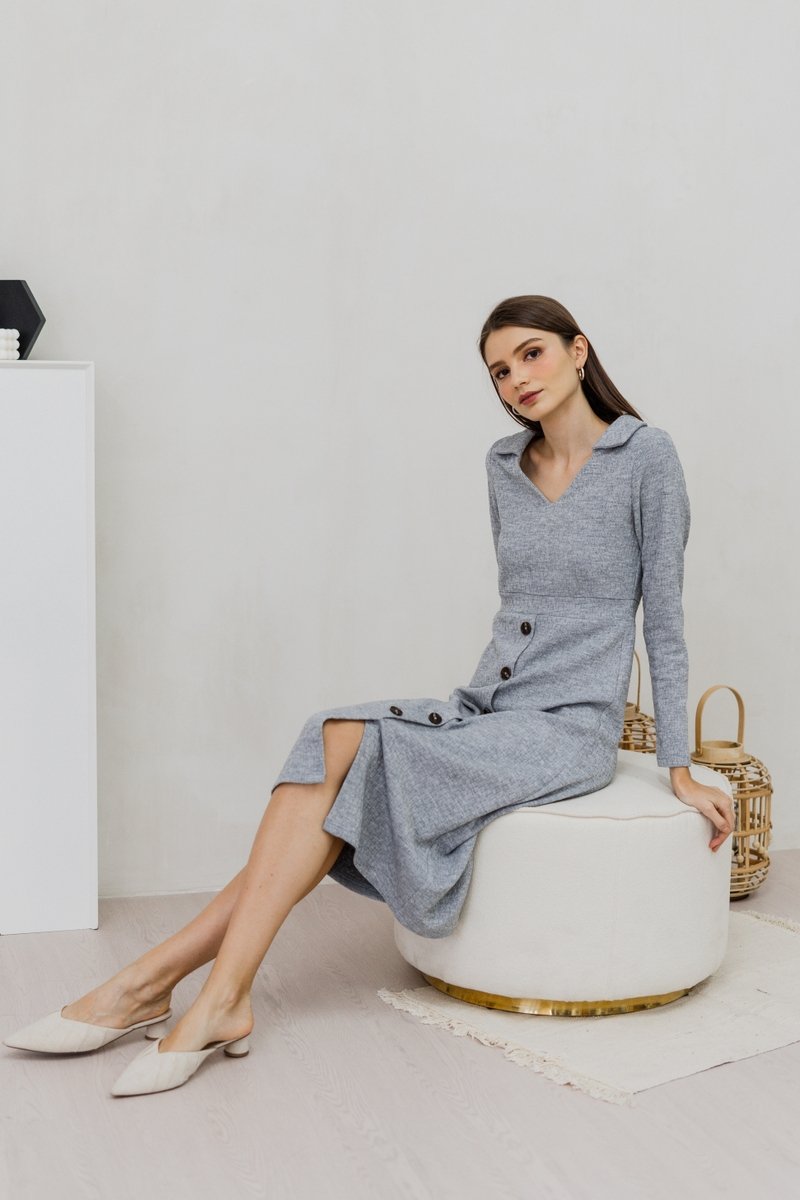Peyton Collar Button Knit Midi Dress in Grey (XS)