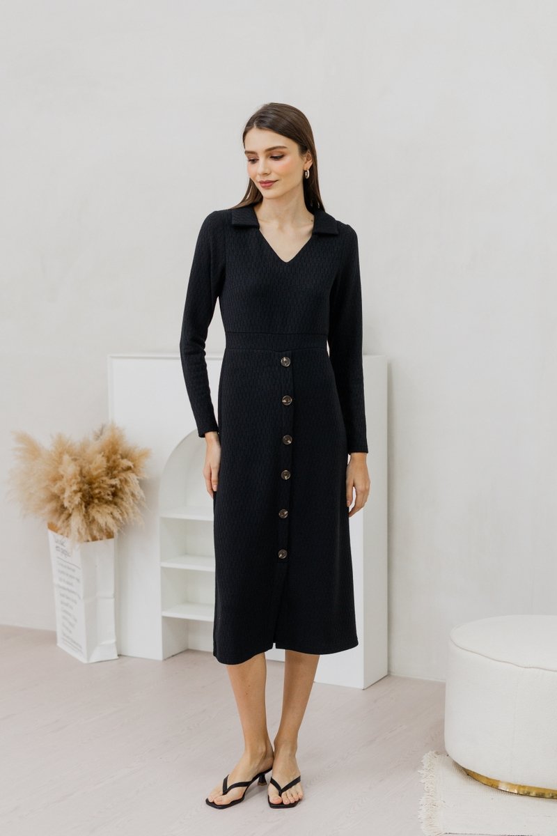 Peyton Collar Button Knit Midi Dress in Black