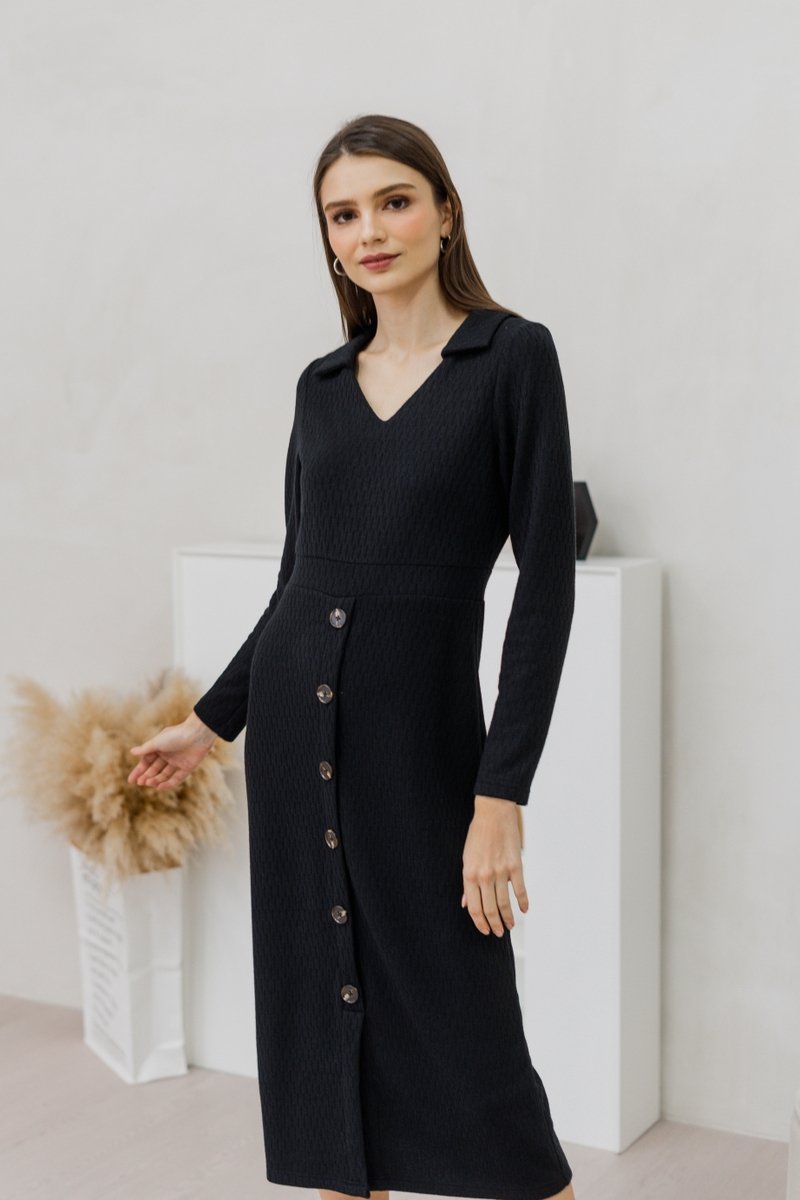 Peyton Collar Button Knit Midi Dress in Black