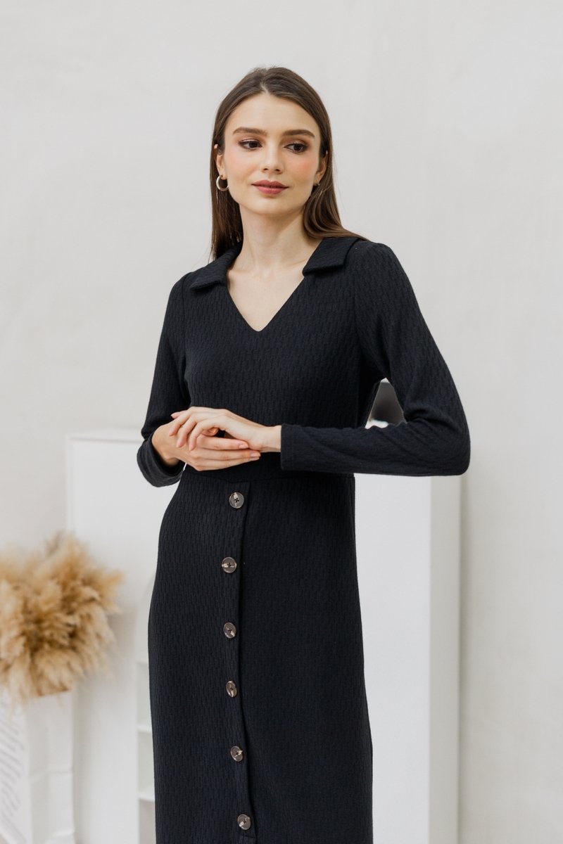 Peyton Collar Button Knit Midi Dress in Black