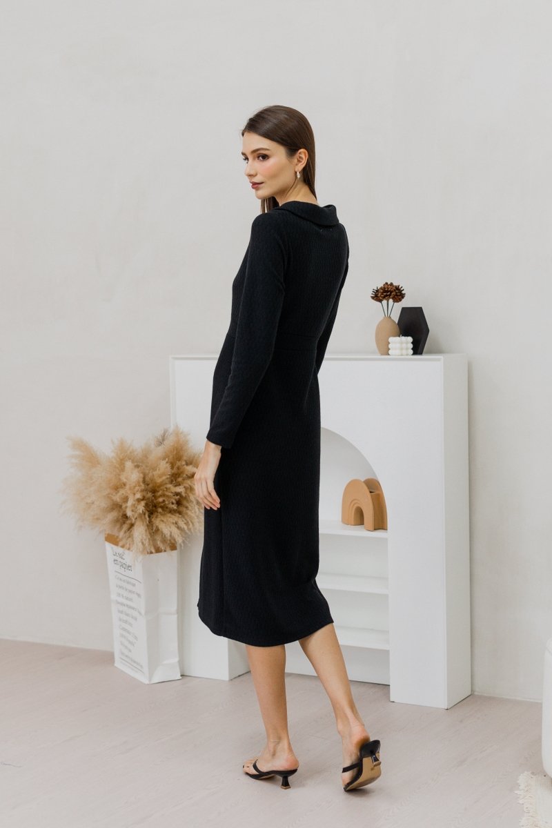 Peyton Collar Button Knit Midi Dress in Black