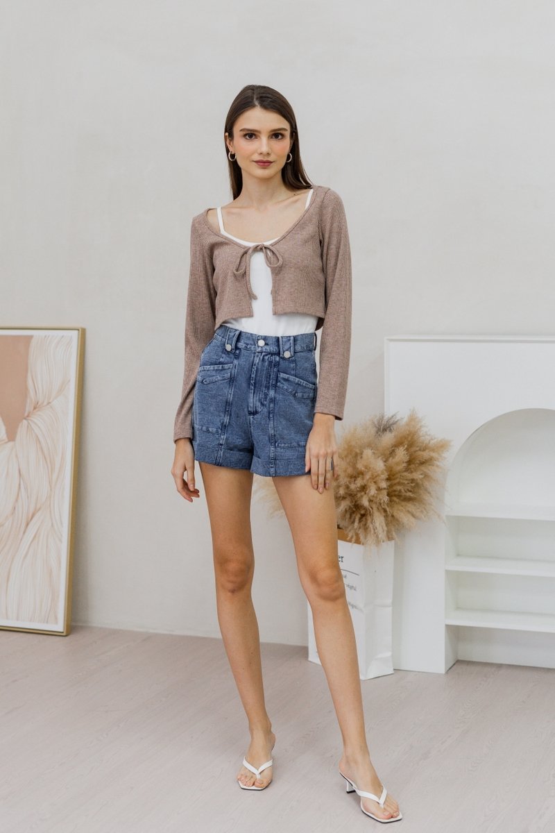 Amber Tie Front Knit Cardigan in Khaki Brown