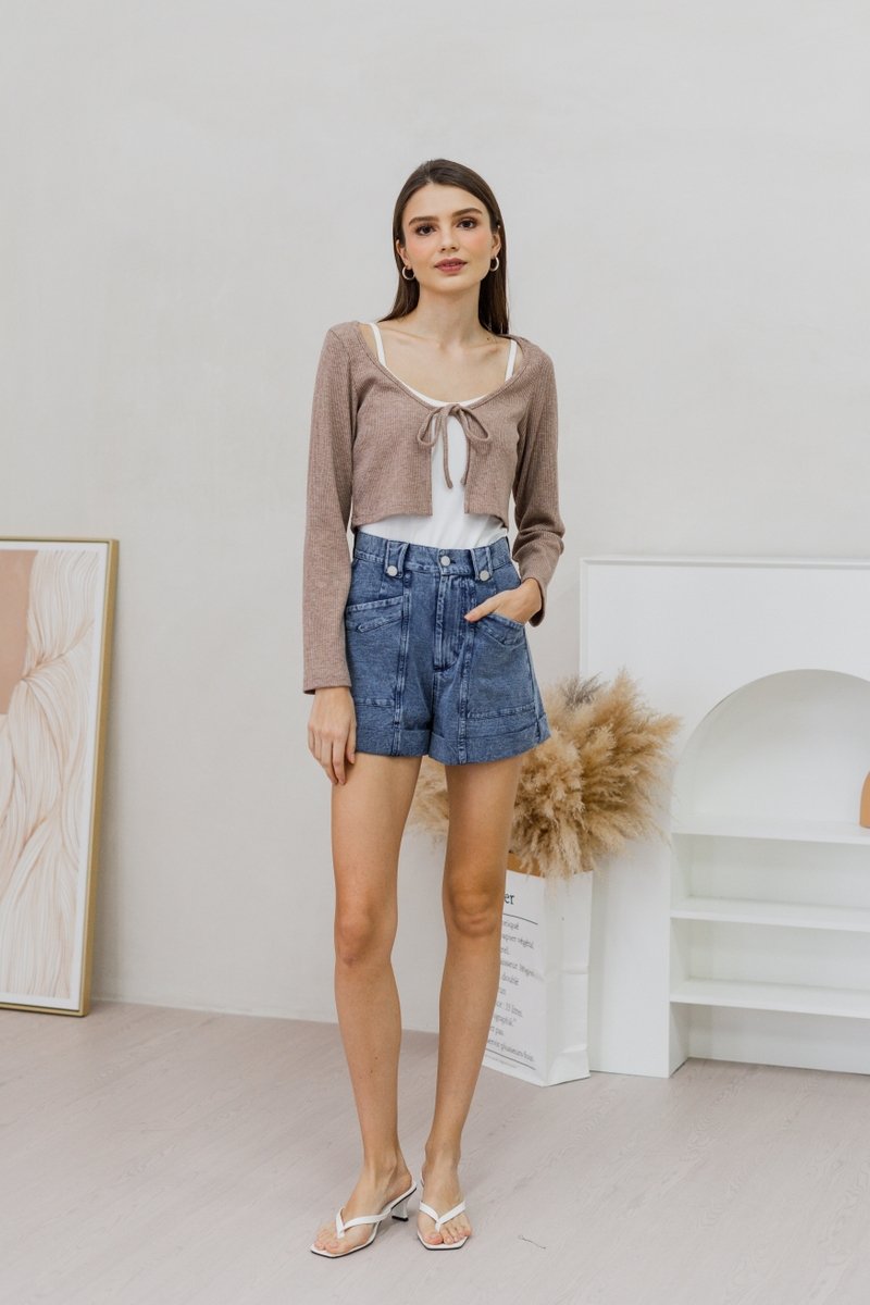 Amber Tie Front Knit Cardigan in Khaki Brown