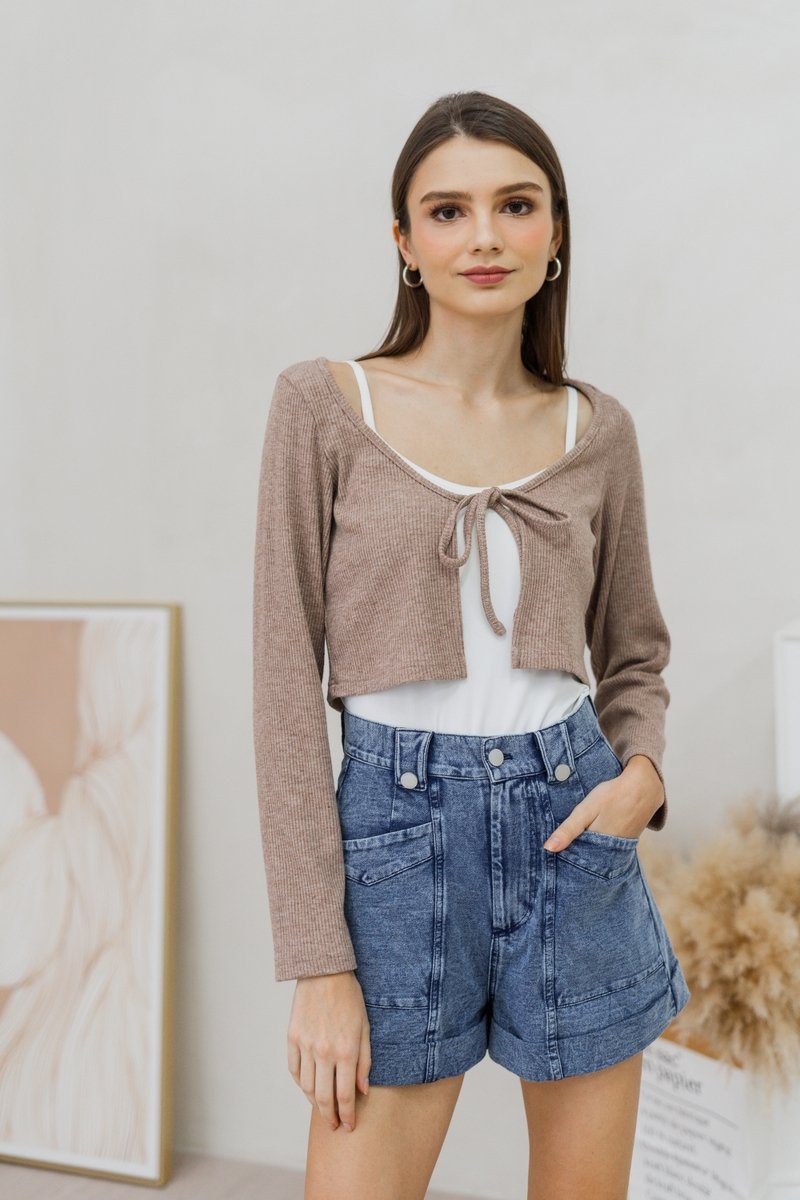 Amber Tie Front Knit Cardigan in Khaki Brown