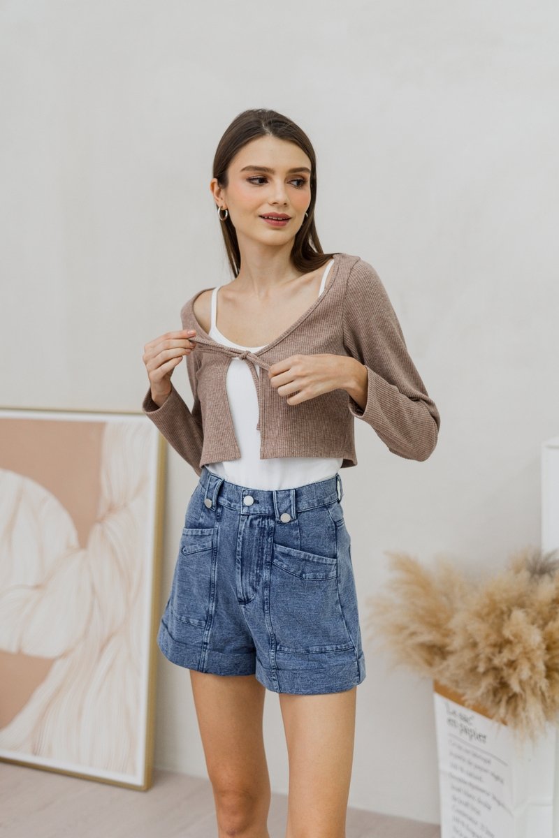 Amber Tie Front Knit Cardigan in Khaki Brown