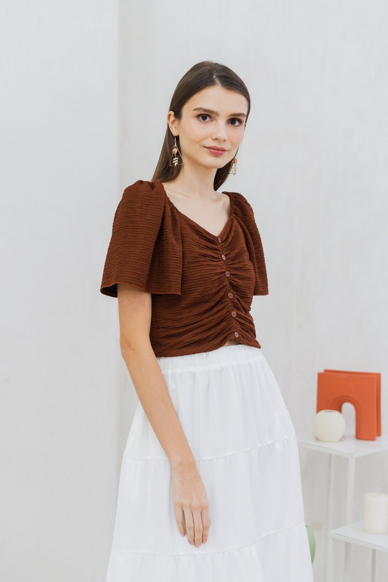 Rowena Textured Ruched Button Top in Brown