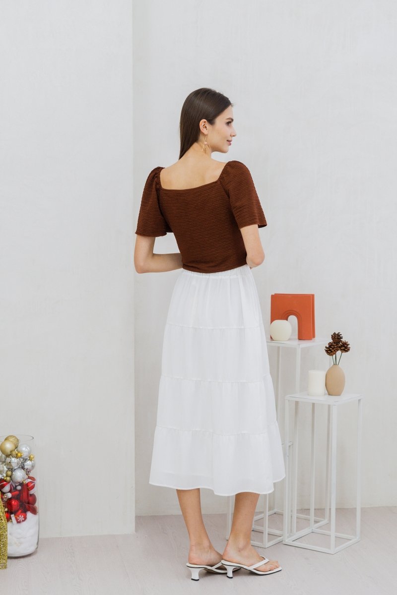 Rowena Textured Ruched Button Top in Brown