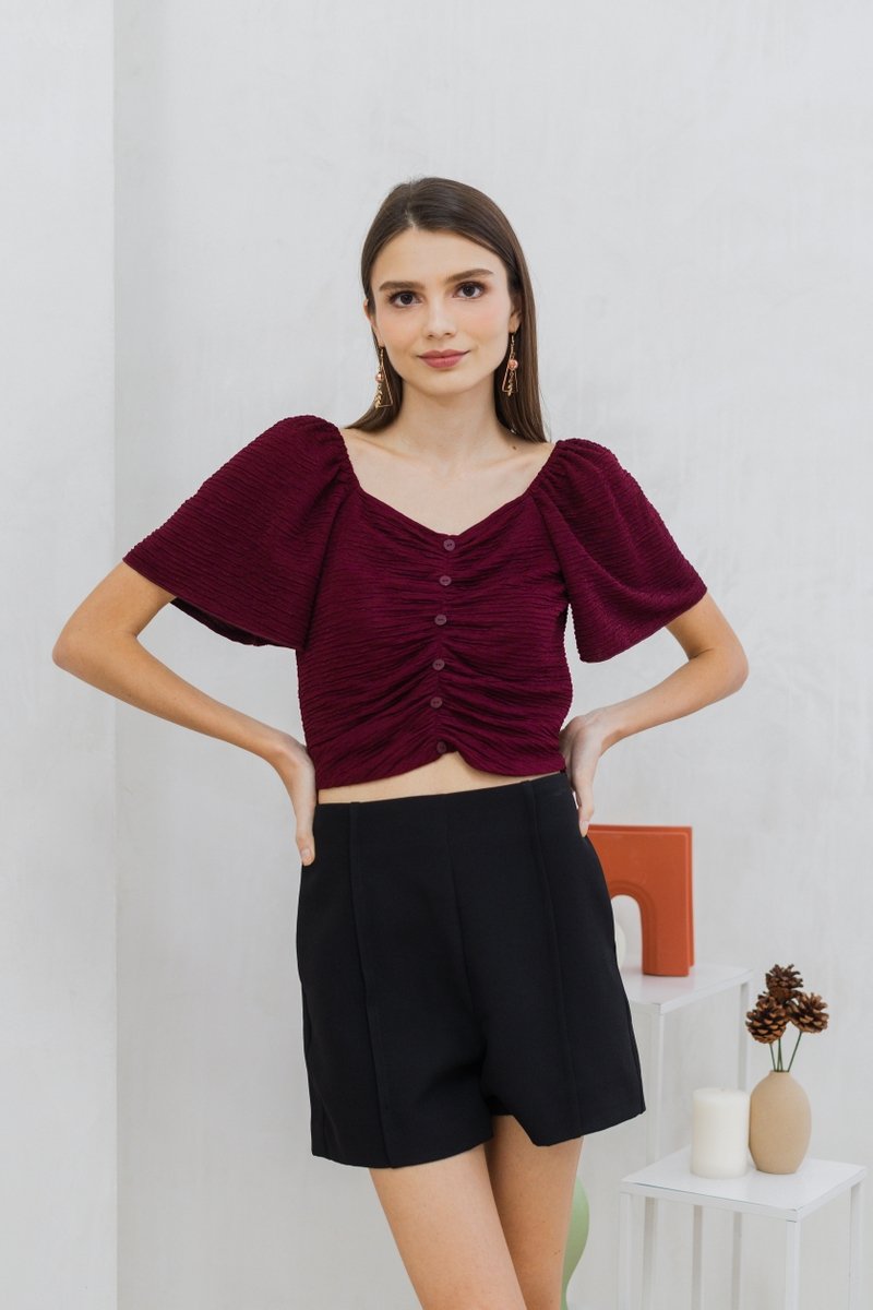 Rowena Textured Ruched Button Top in Wine (XS)