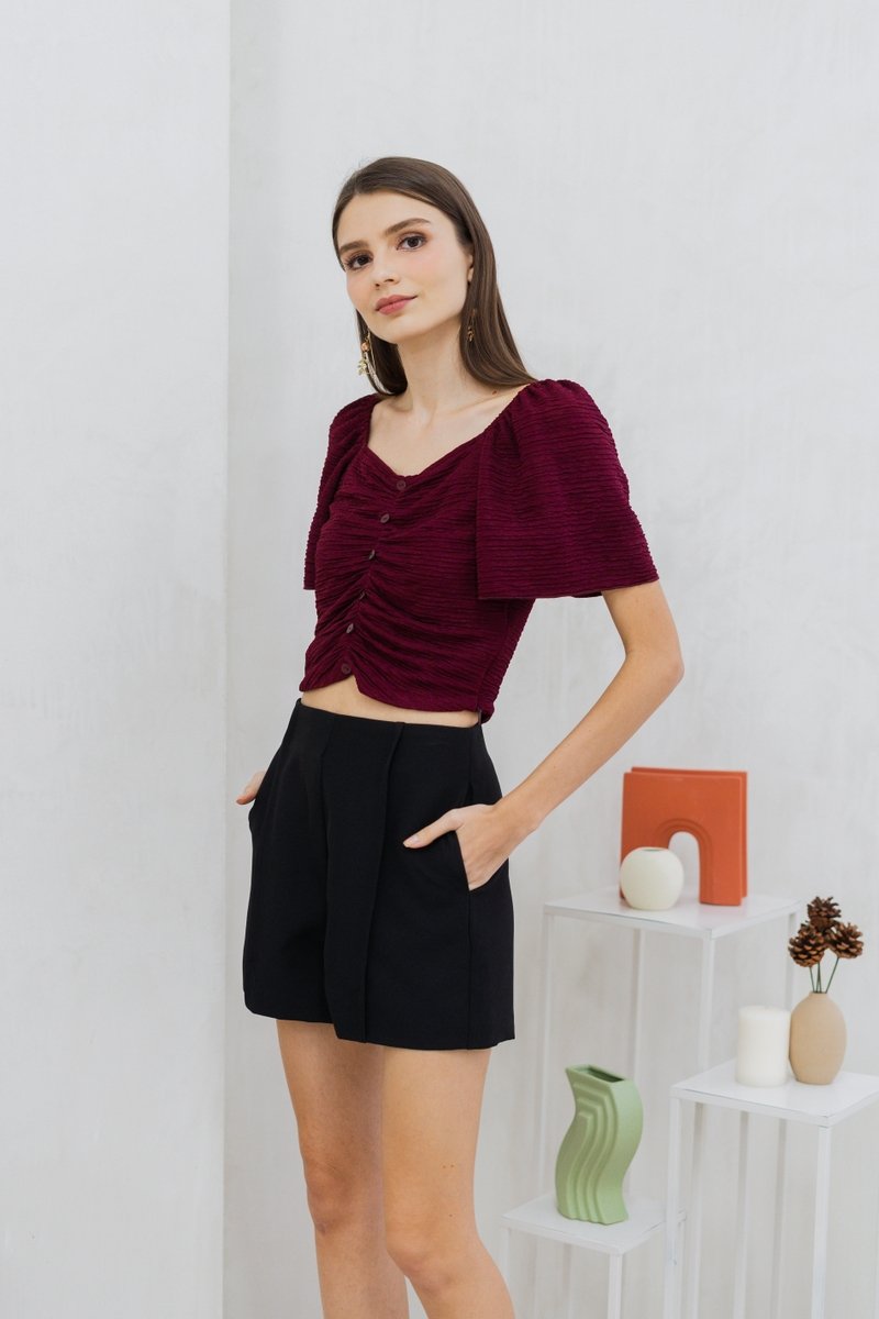 Rowena Textured Ruched Button Top in Wine (XS)