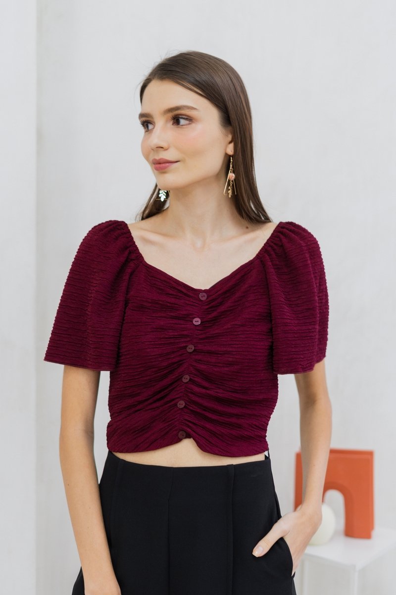 Rowena Textured Ruched Button Top in Wine (XS)