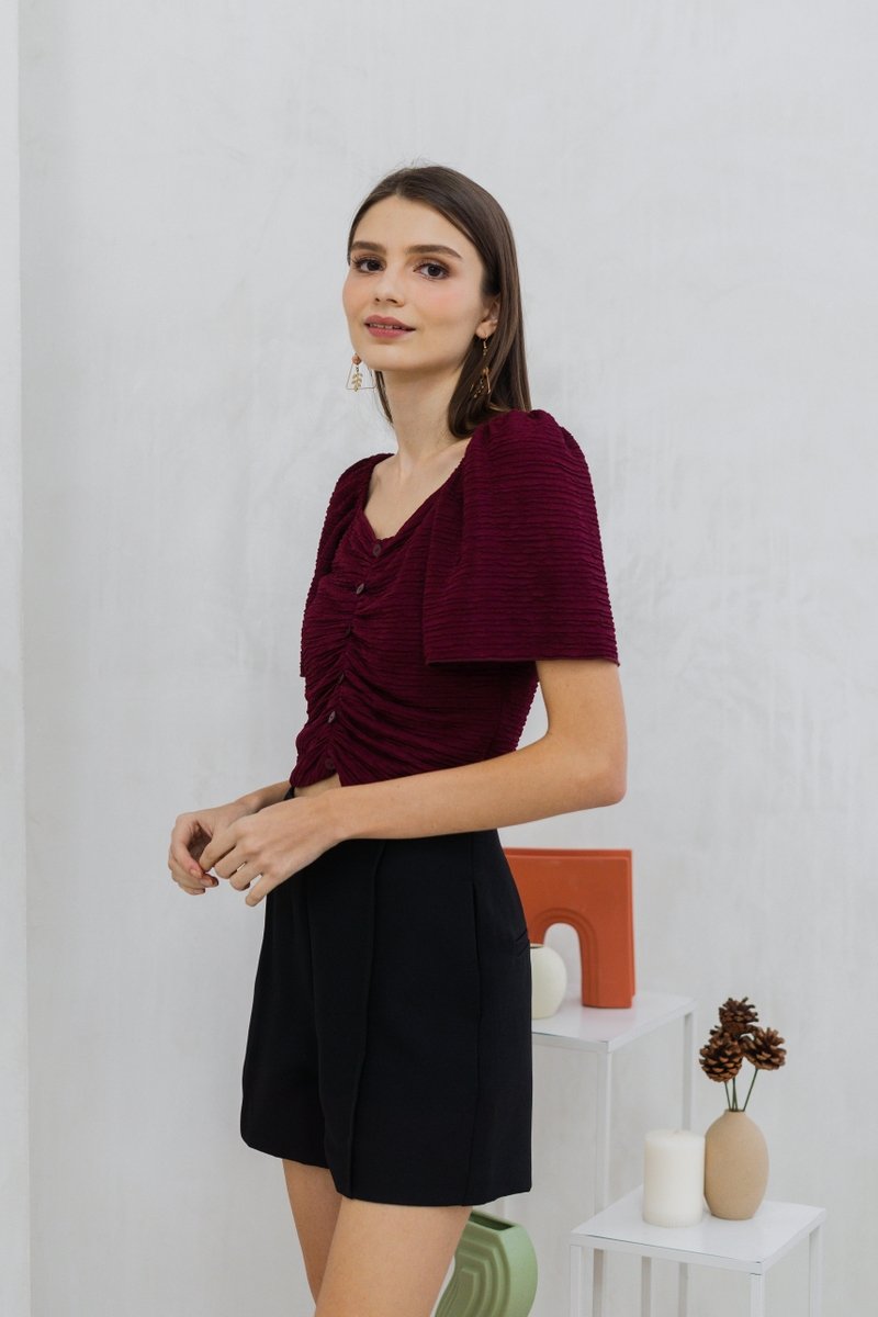 Rowena Textured Ruched Button Top in Wine (XS)