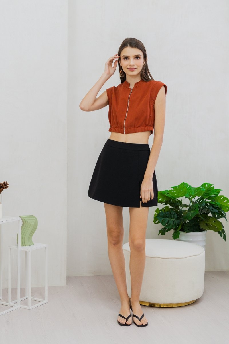 Nala Front Zip Denim Crop Top in Rust(XS)