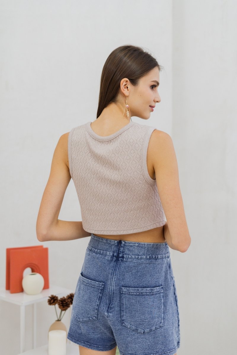 Lilo Knit Button Crop Top in Sand