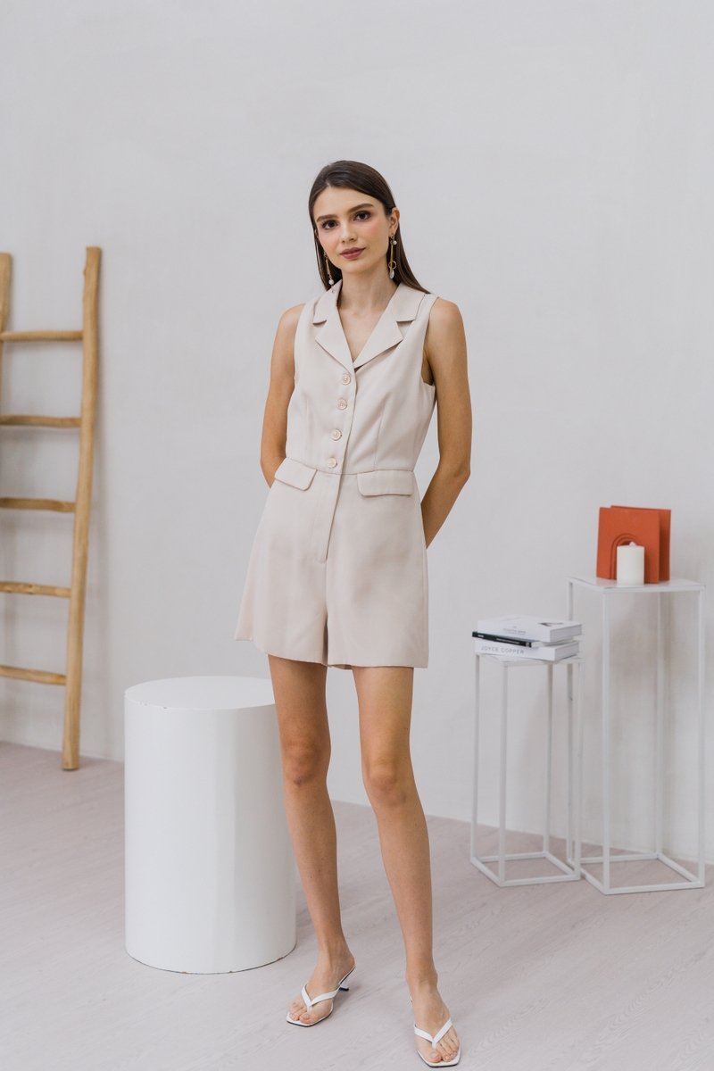 Isadora Tuxedo Romper in Sand
