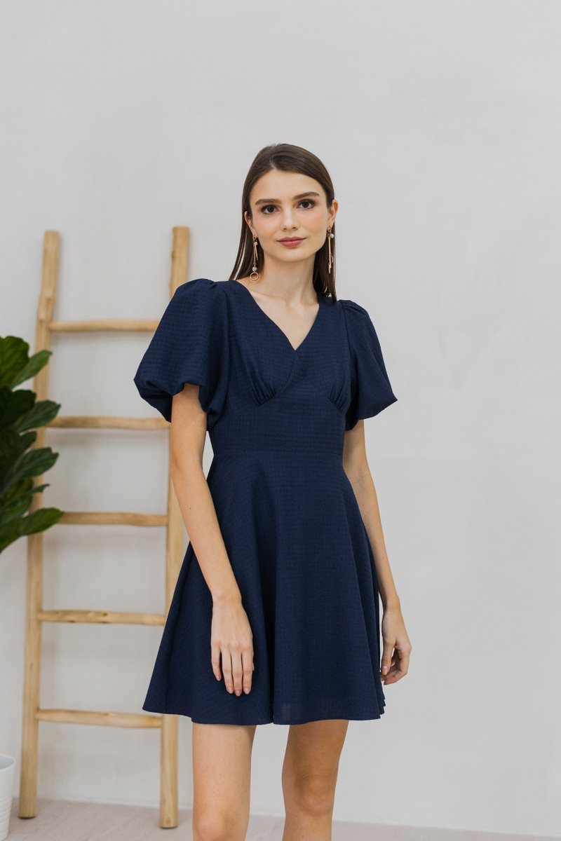 Carolina Puff Sleeve Empire Dress in Navy (XS)
