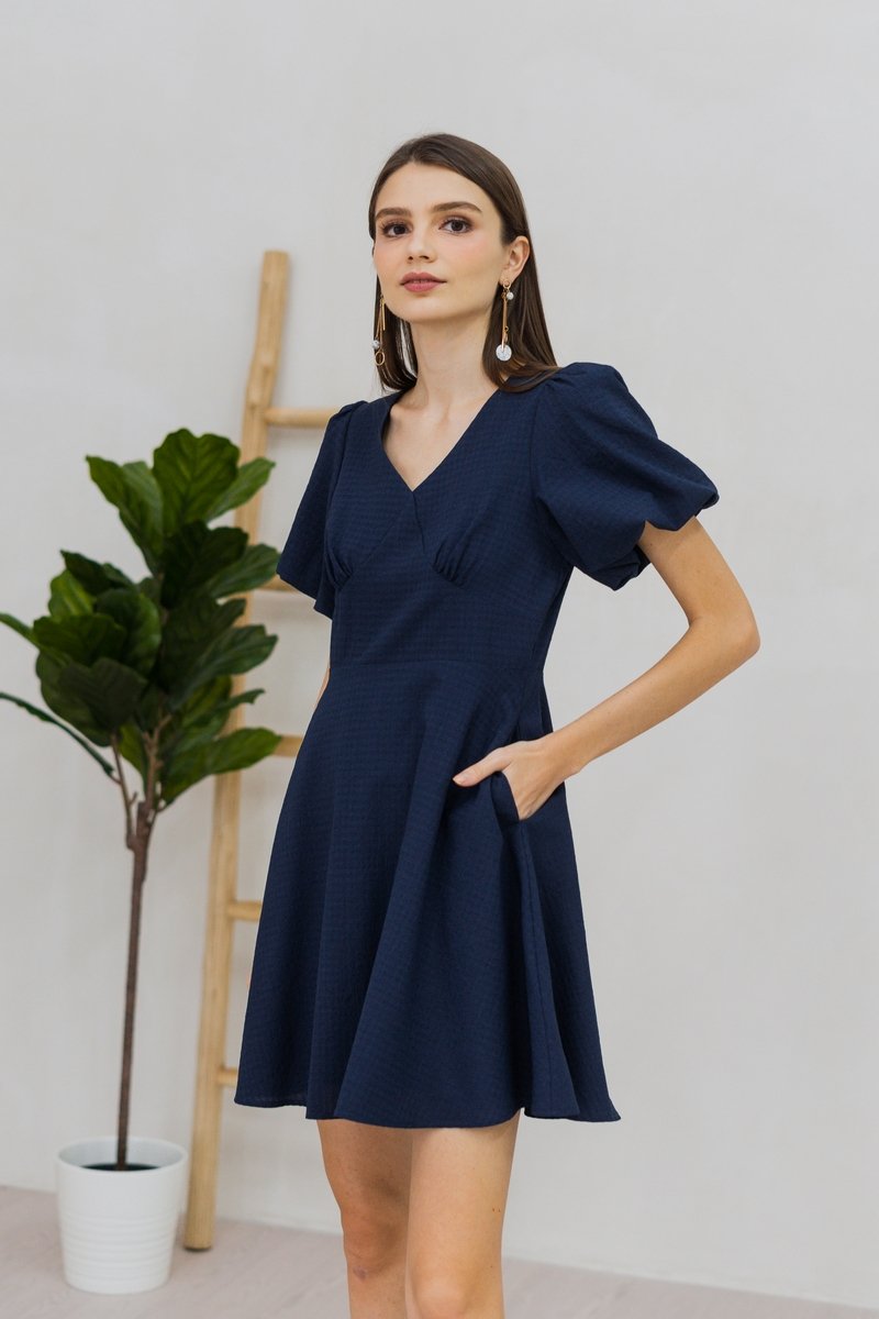 Carolina Puff Sleeve Empire Dress in Navy (XS)