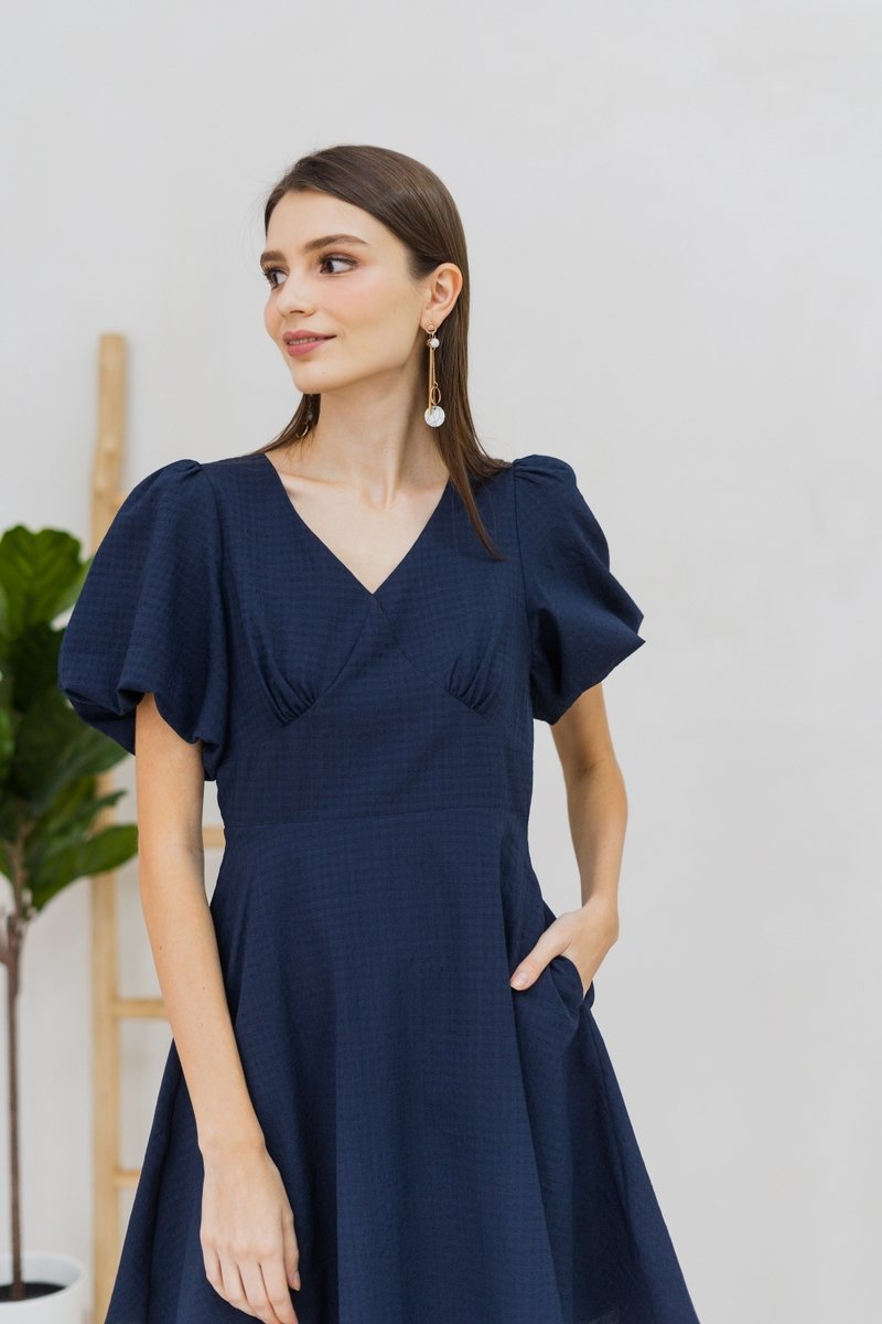 Carolina Puff Sleeve Empire Dress in Navy (XS)