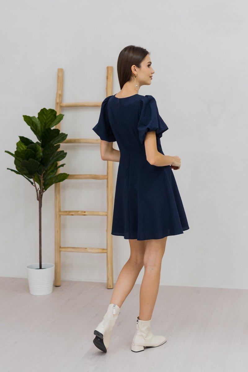 Carolina Puff Sleeve Empire Dress in Navy (XS)