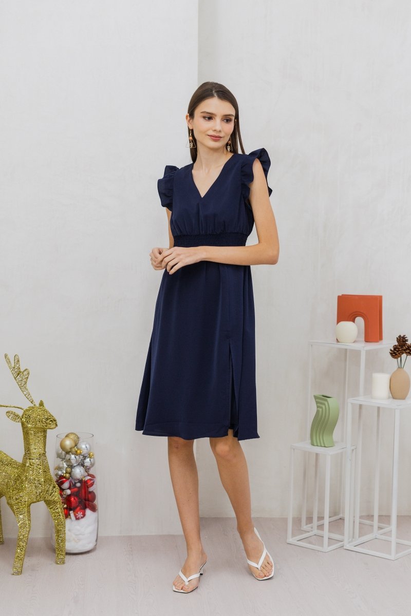Devyn Ruffle Sleeves Smocked Midi Dress in Navy (S)
