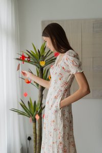 Elise Floral Ruched Eyelet Midi Dress in Pink (XS)