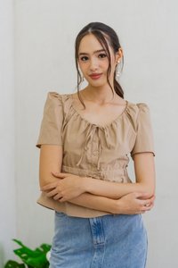 Arlet Tie Ribbon Babydoll Top in Khaki (XS)