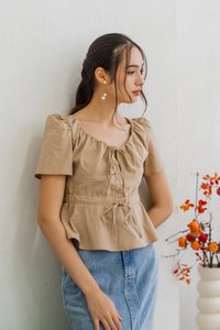 Arlet Tie Ribbon Babydoll Top in Khaki (XS)