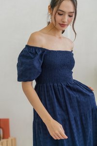 Faye Floral Eyelet Smocked Midi Dress in Navy (XS)