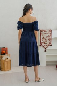 Faye Floral Eyelet Smocked Midi Dress in Navy (XS)