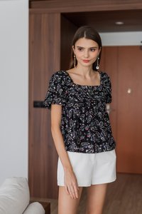 Fiorella Pleated Floral Top in Black (XS)