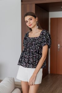 Fiorella Pleated Floral Top in Black (XS)